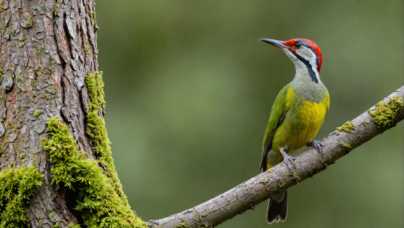 the european green woodpecker is a colorful bird with striking red, yellow, and green plumage, known for its distinctive appearance and elegant demeanor in the wild.