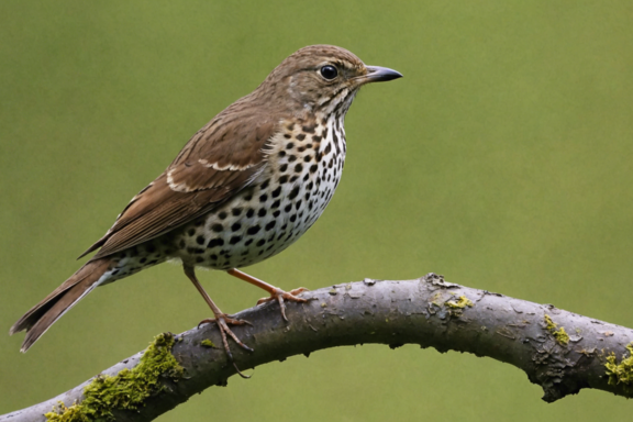 the song thrush is a migratory bird with spotty brown feathers.